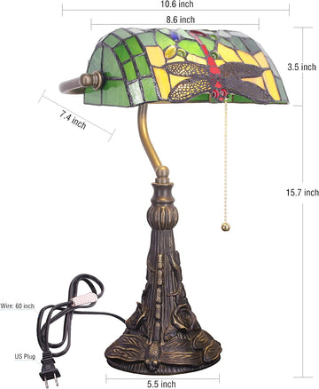 Werfactory® Banker Lamp Tiffany Desk Lamp Dragonfly Style Stained Glass Table Lamp, 15" Tall